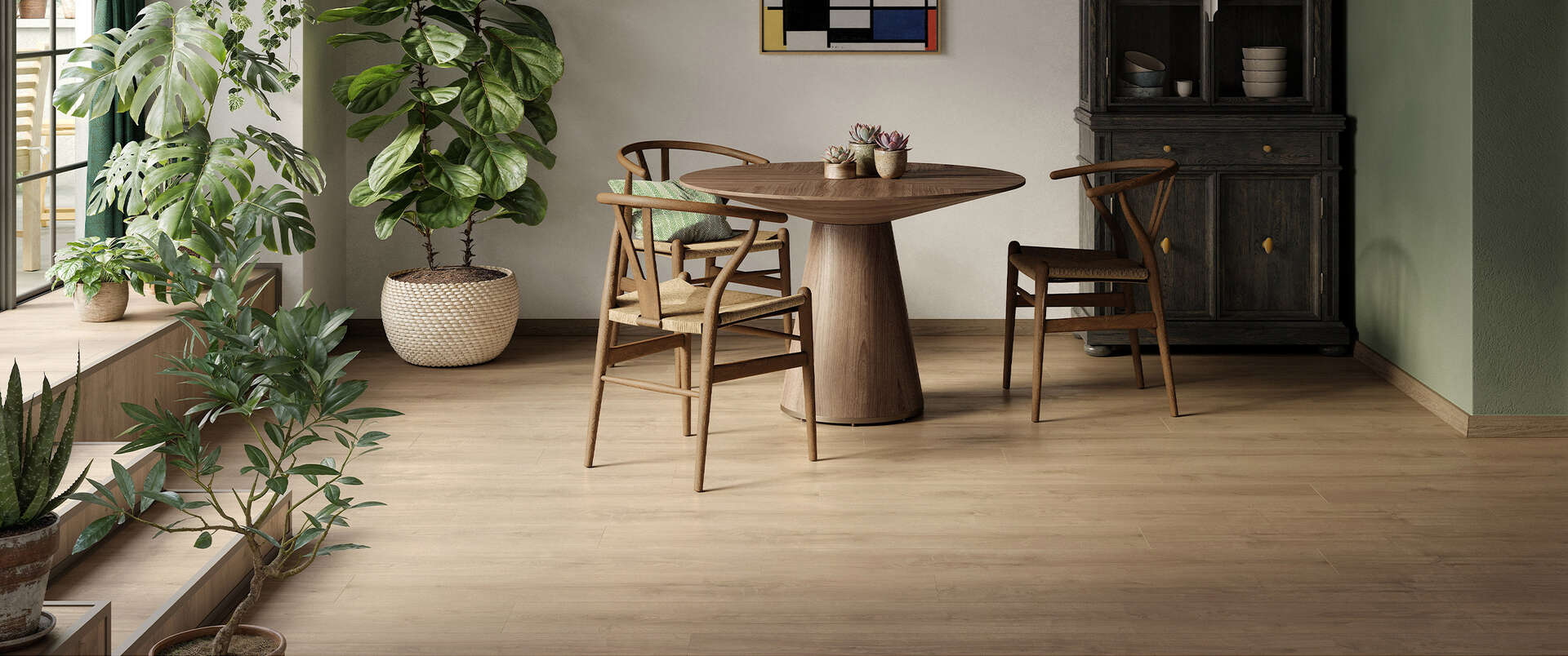 Dining room with K406 Eurus Oak waterproof laminate
