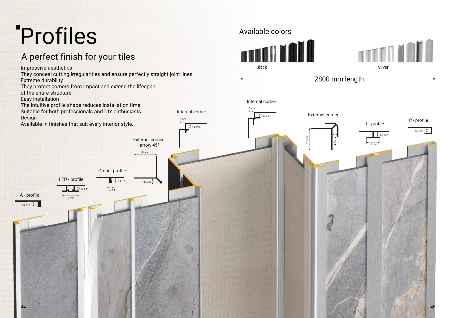 Rocko profiles: A, LED, grout, external corner 45°, internal corner, external corner, T and C profiles, in black and silver, 2800 mm
